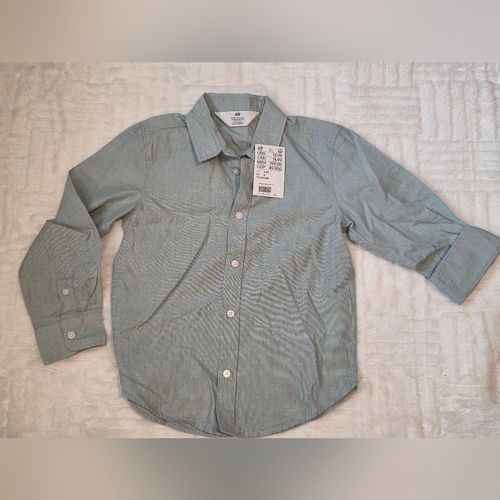 H&M Boys Mint Green Long-Sleeve Button-Down Shirt Size 6
